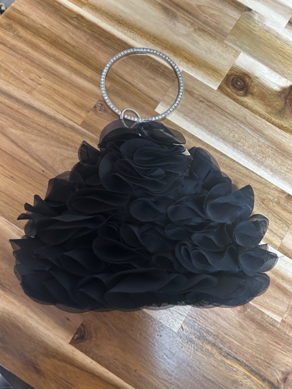 Black Ruffled Wristlet Bag Crystal Handle {FREE with purchase of a dress}
